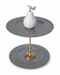 The Maxwell tiered serving tray with slate-grey sunburst plates, brass stem, and hand-carved marble pear finial