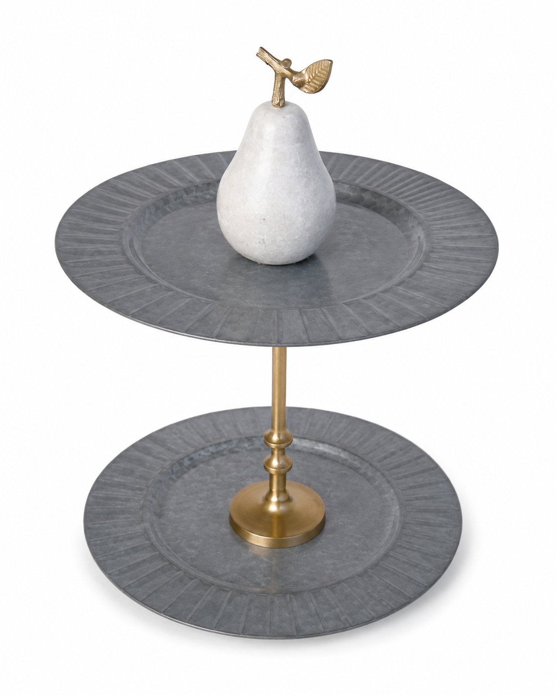The Maxwell tiered serving tray with slate-grey sunburst plates, brass stem, and hand-carved marble pear finial
