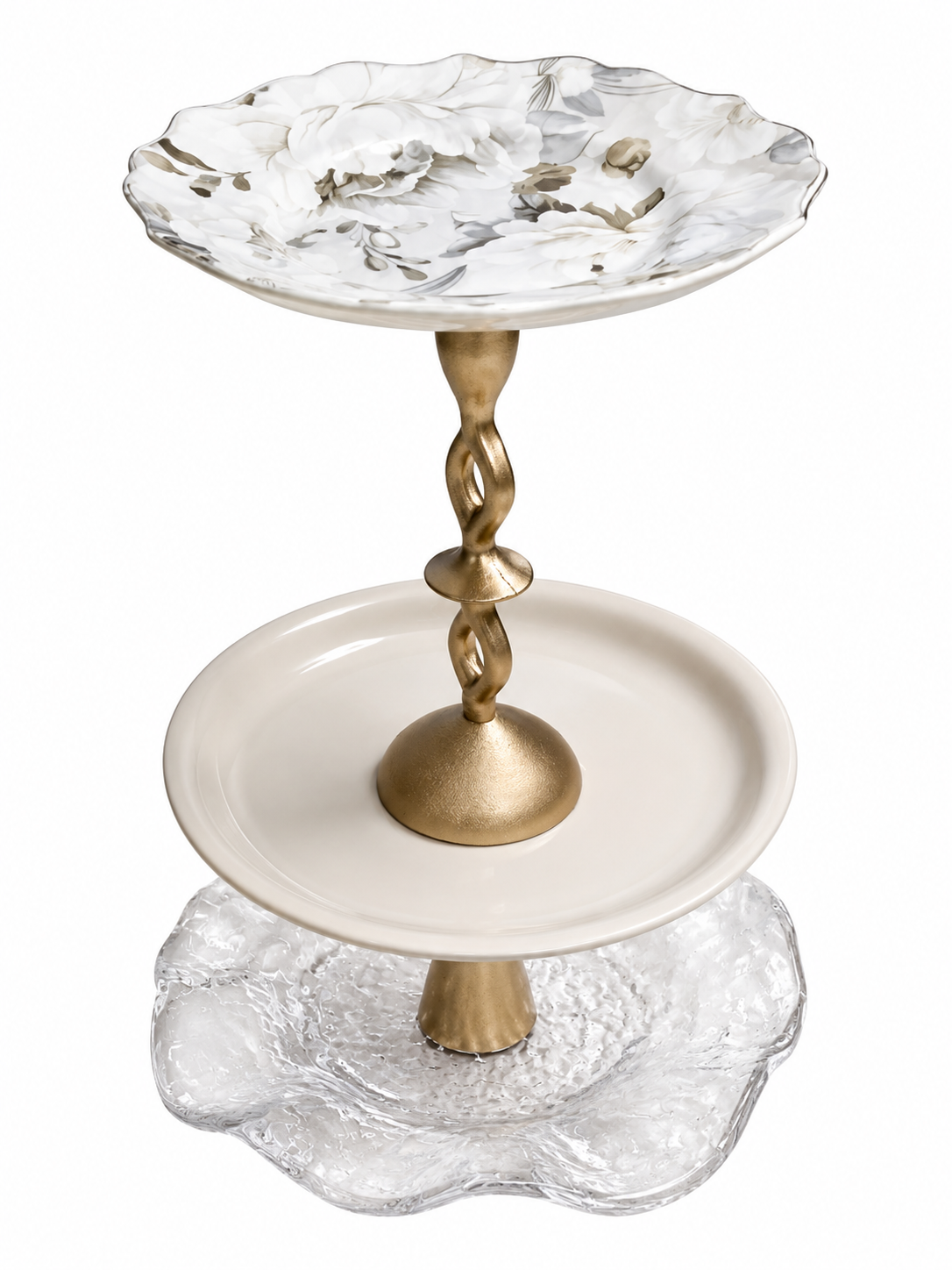 The Loretta tiered serving tray with white floral porcelain top plate, twisted gold metal stem, cream ceramic middle plate, and textured clear glass scalloped base