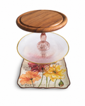 Mon Amour tiered serving tray with floral ceramic base, blush-pink glass stem, and acacia wood top
