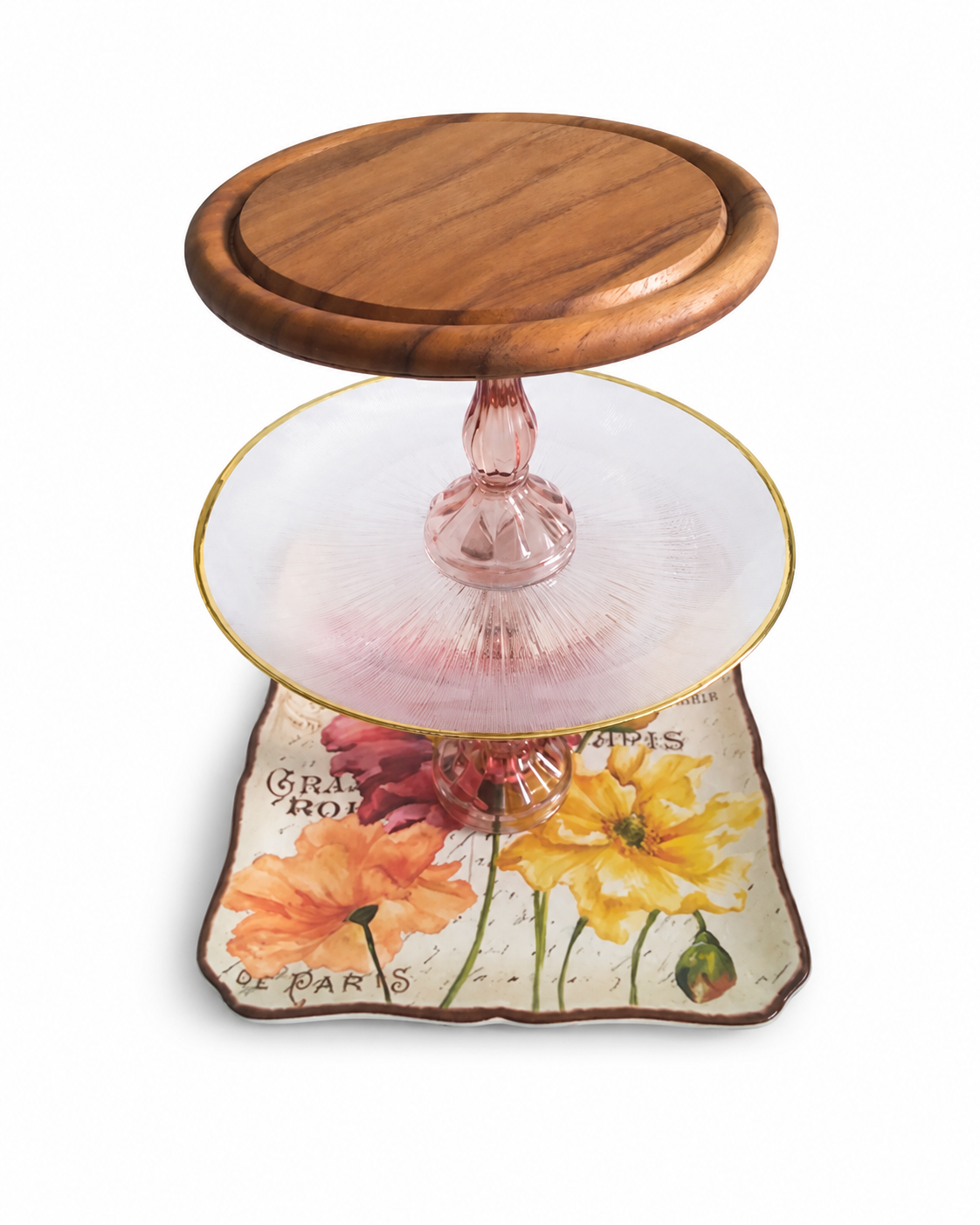 Mon Amour tiered serving tray with floral ceramic base, blush-pink glass stem, and acacia wood top
