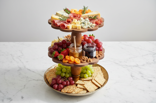 The Dubai tiered tray styled with a charcuterie spread