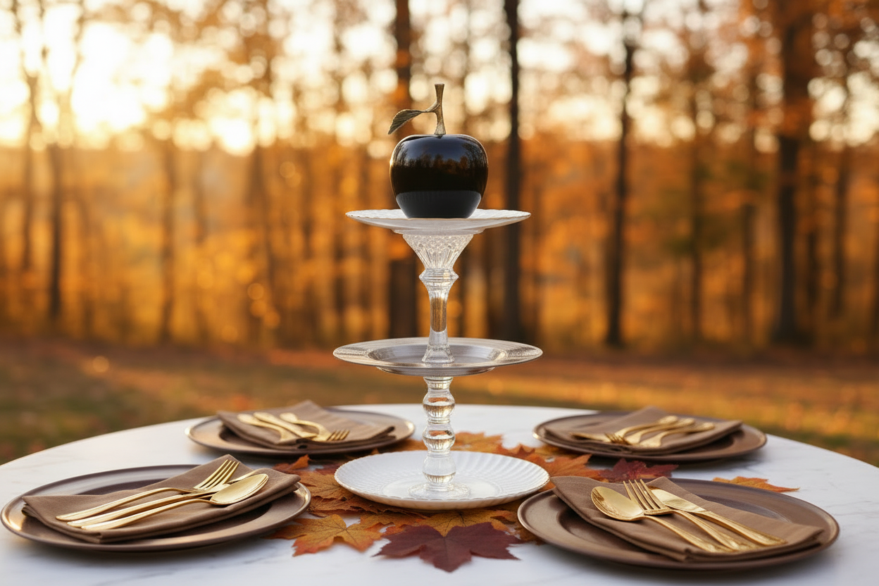 The Manhattan tiered serving tray styled in a fall dinner scene with brown place settings and autumn leaves