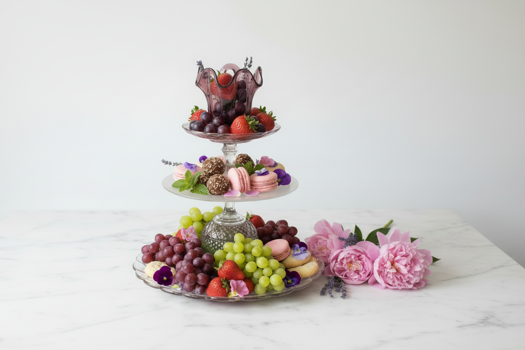 The Tabitha 4-tier glass serving tray styled with a garden party spread