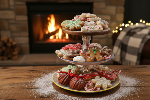 The Bethany tiered tray styled with a festive holiday cookie display