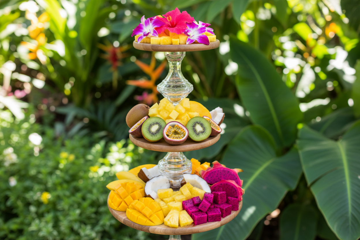 The Keziah tiered tray styled with a tropical fruit display