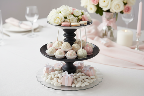 The Abigail tiered tray styled with a bridal shower sweet display