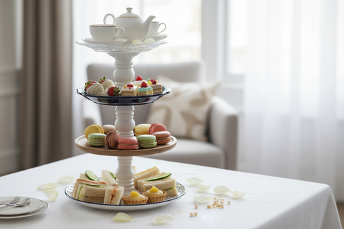The Esther tiered tray styled with an afternoon tea spread