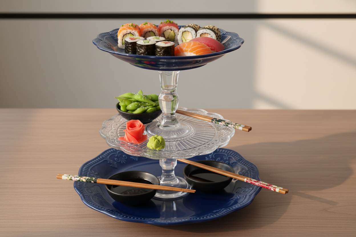 The Sarai tiered tray styled with a sushi and Asian fusion spread
