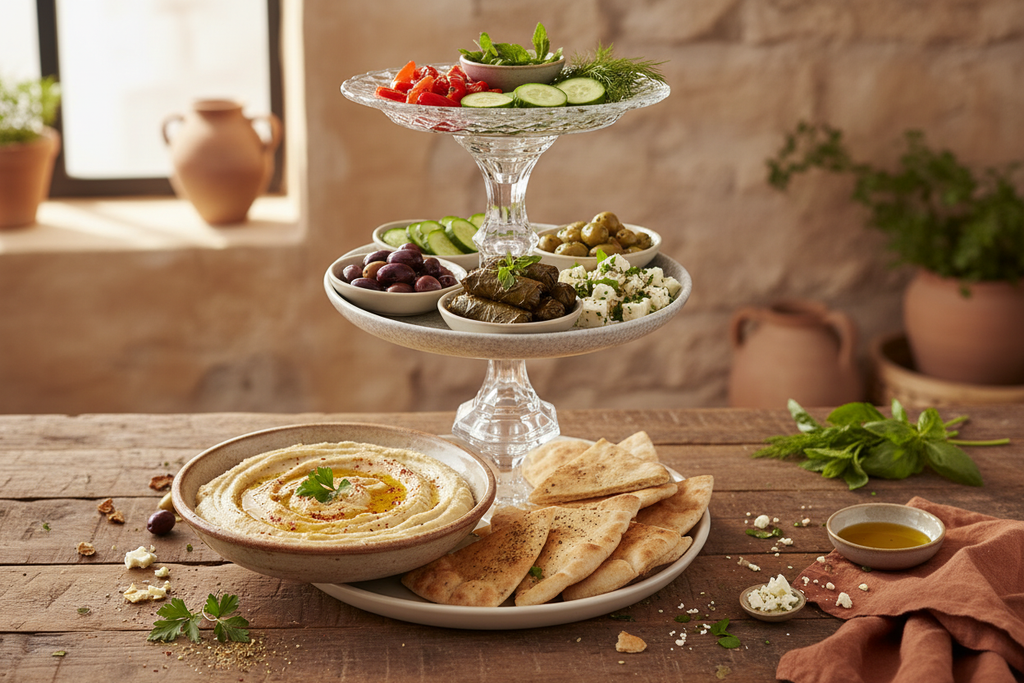 The Shiloh tiered tray styled with a Mediterranean mezze spread