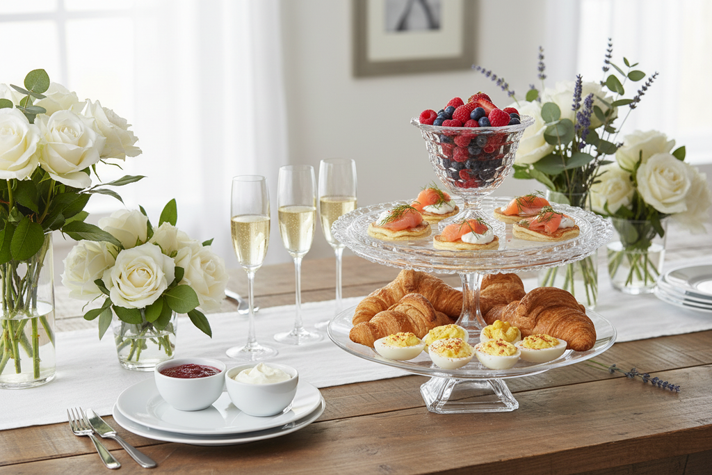 The Lydia tiered tray styled with a glamorous brunch spread
